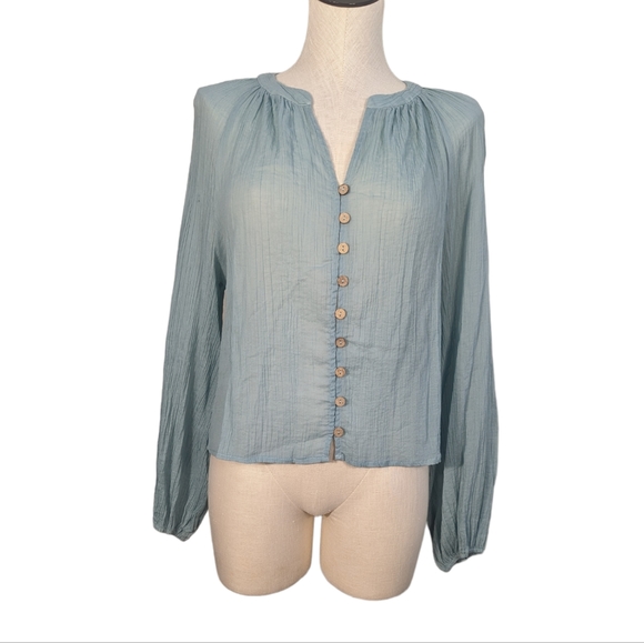 Free People Freya Crinkle Gauze Texture Button Long Sleeve Sheer Blouse Medium - Picture 2 of 10